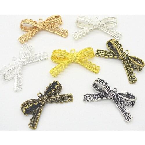 DIY Retro Alloy Jewelry Accessories 4pcs/lot 44x24mm Five Colors Plated Lace Bow Tie Charms Pendant For Making DIY Jewelry