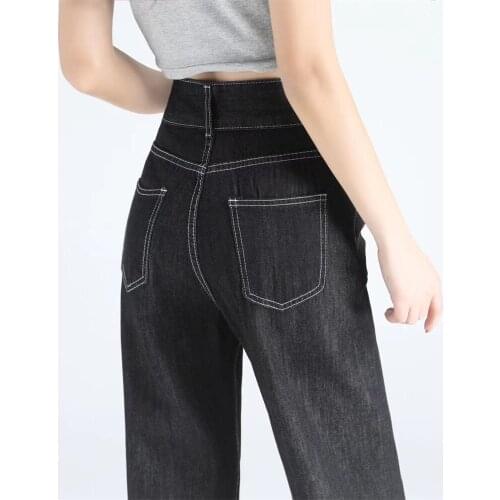 High Waist Two Buttons Jeans Women Black Solid Loose Wide Leg Pants Full Length Pockets Denim Trousers Fall Female Summer 929