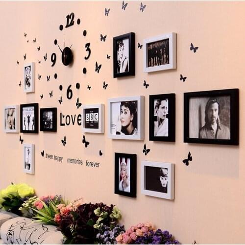 Photo Frame Wall Hanging With Clock Home Decor Creative Hallway S White Display Picture Nordic Modern Family Rack Black Bedroom