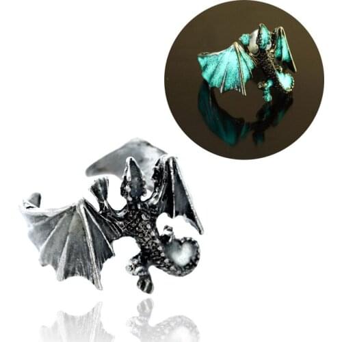 Gothic Noctilucent Dragon Rings Vintage Pterosaur Openning Ring for Men Women Luminous Glow In the Dark Punk Halloween Jewelry