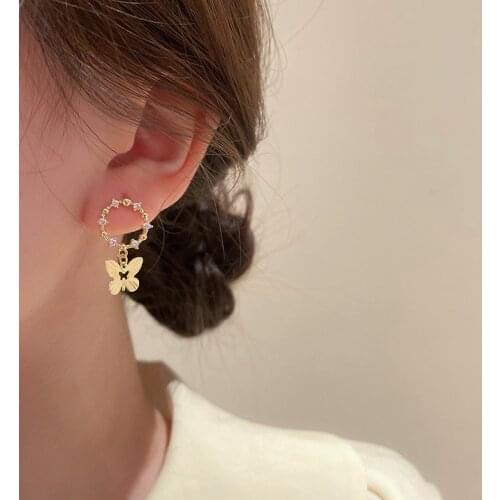 Good Quality Zircon Circle Metallic Butterfly Drop Earrings For Women Fashion Jewelry Oorbellen Brincos