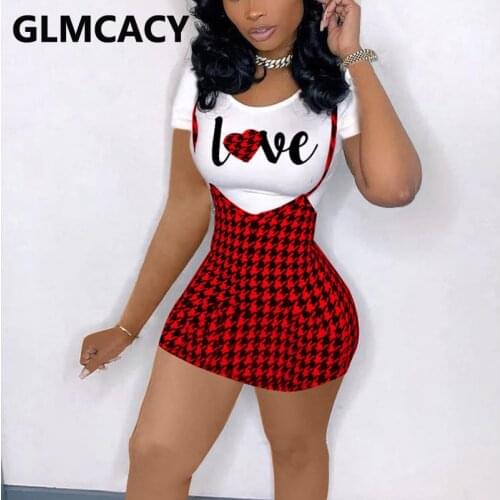 Two Piece Hoodstooth Dress Suits Short Sleeve T Shirt & Bib Skirt Set