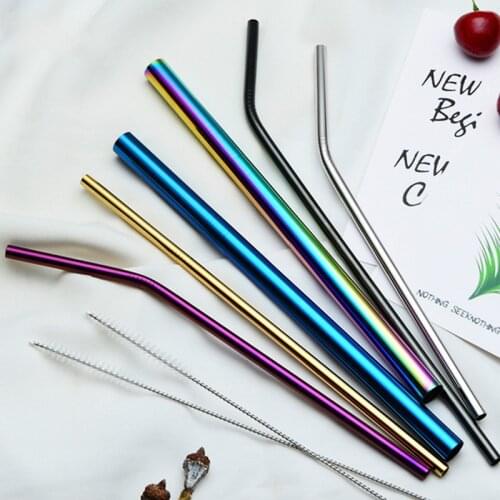Reusable Stainless Steel Drinking Metal Straw Boba Bubble Tea Smoothie Straws Straight Bent Colorful Tubes Silicone Tips Brush