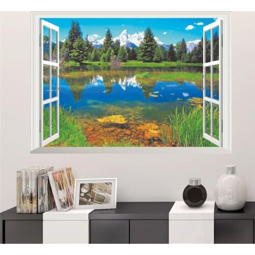 Snow Mountain Green Tree Lake Window Wall Stickers Living Room Bedroom Decoration 3d Mural Art Natural Scenery Home Decals