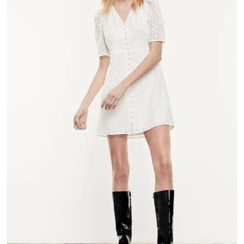 2021 Spring and Summer New Fashion V-neck Short-sleeved Lace Stitching Hollow Pattern Waist Slimming Solid Color Dress