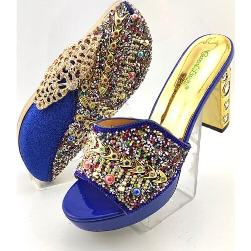 2020 New Arrival Italian Design Shinning PU Material Royal Blue Color Ladies Shoes and Bag Set Decorated With Colorful Rhineston