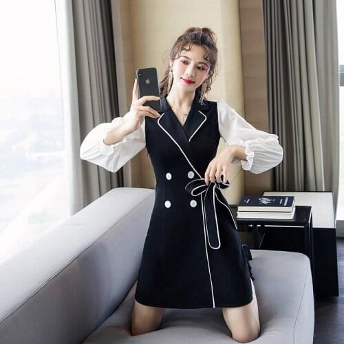 BLLOCUE 2020 Fall New Temperament Slim Black Dress Womens Long Sleeve Bowknot Lace Fashion Work Chic Dresses Lady