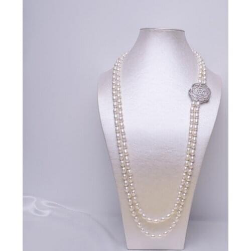 7-8mm Strong Luster Rice Shape Natural Freshwater Pearl Double Strand Necklace 75cm Inner Length Women Pearl Jewelry Gifts