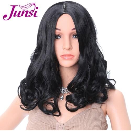 JUNSI 12 inchs Medium Wavy Wigs for Women Black Synthetic Wig Womens Natural Hair