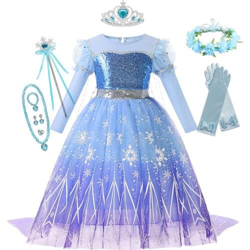 Frozen Elsa Princess Dress Girl Kids Winter Halloween Carnival Long Dresses Snow Queen Cosplay Mesh Fancy Ball Gown Disney