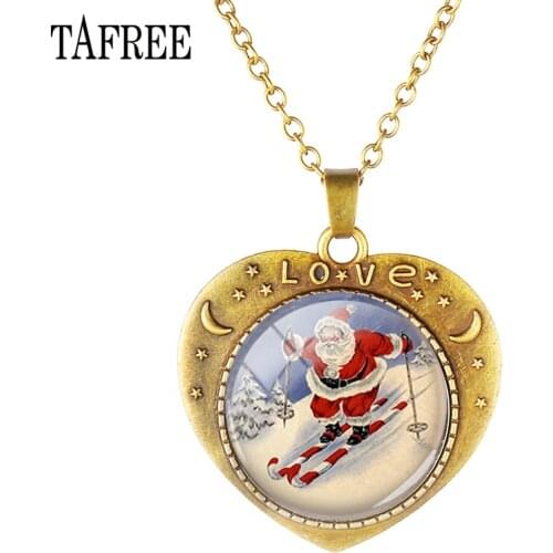 TAFREE Christmas Heart-Shaped Necklace Enamel Jewelry snowman deer Santa Claus Christmas tree Pendant Necklace Kid Gift CM49-25