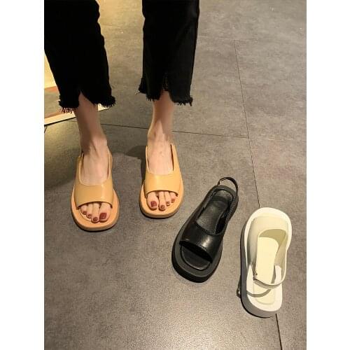 All-Match Comfort Shoes for Women Female Sandal Open Toe 2021 Summer Med Clogs With Heel Girls Beach Beige Fashion New Peep Medi