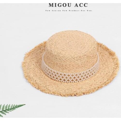 2021 New Original Design Pearl Decoration RAFFIA Sun Hat For Women Flat Top Panama Summer Straw Hat Beach Hat Gifts Visor Caps