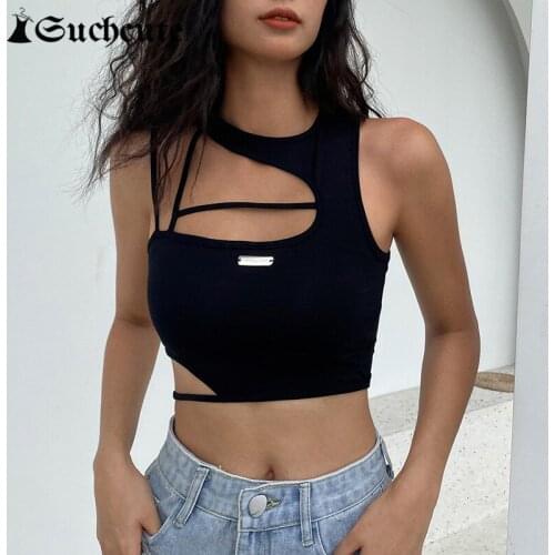SUCHCUTE Hollow Out Aesthetic Women Cropped Tops Summer Gothic Clothes Sexy Backless Sleeveless Vest Streetwear Korean Camisole