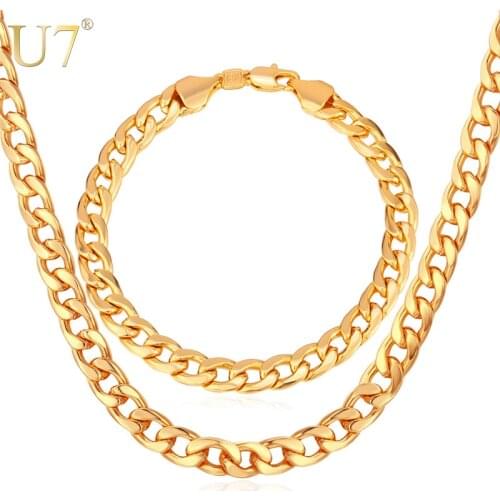 U7 Brand Jewelry Sets Mens Fashion Jewelry Sale Trendy Gold Color 7MM Wide Chain Bracelet Necklace Set Wholesale S401