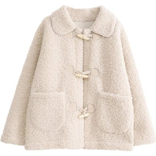 PERHAPS U Women White Green Faux Fur Jacket Coat Turn Down Collar Pocket Outwear Horn Button Warm Thick Ted Lamb Fur Solid C0252