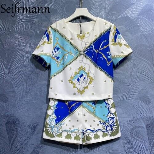 Seifrman New 2021 Summer Women Fashion Runway Shorts Set Short Sleeve Crystal T-Shirts + High Waist Print Shorts Two Pieces Suit