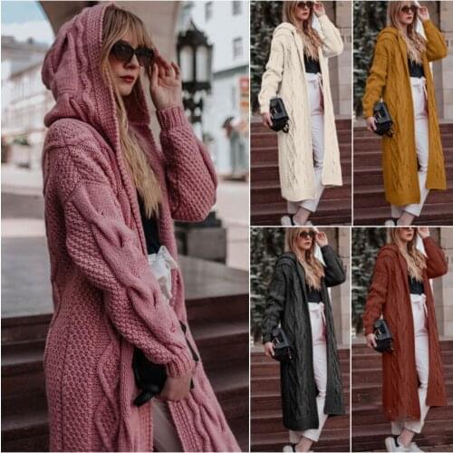Women Autumn Sweater Casual Long Style Full Sleeve Open Stitch Hooded Knitted Solid Color Female Knitwear Winter Warm C3156