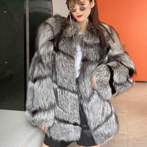 Women Real Silver Fox Fur Coat Female Winter Jacket For Lady Genuine Luxury Natural Fur Coat