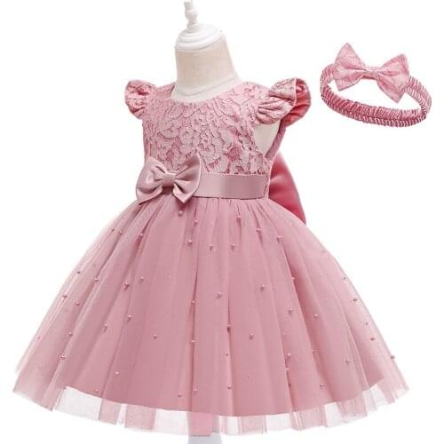 1-5 Years Kids Pink Dress Girls Big Bow Floral Embriodery Clothes Childrens Wedding Party Princess Clothing Formal Ball Gown