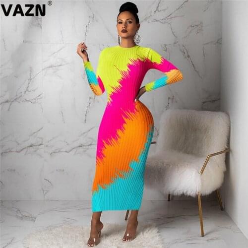 VAZN 2020 Hot List Energy Sexy Knit Dress Holiday Warm Untidy Fashion Round Neck Full Sleeve Thin Women High Wait Maxi Dress