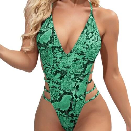 2021 Sexy High Cut One Piece Swimsuit Women Snakeskin Print Hollow Out Backless Bandage Backless Thong Bikini Swimwear