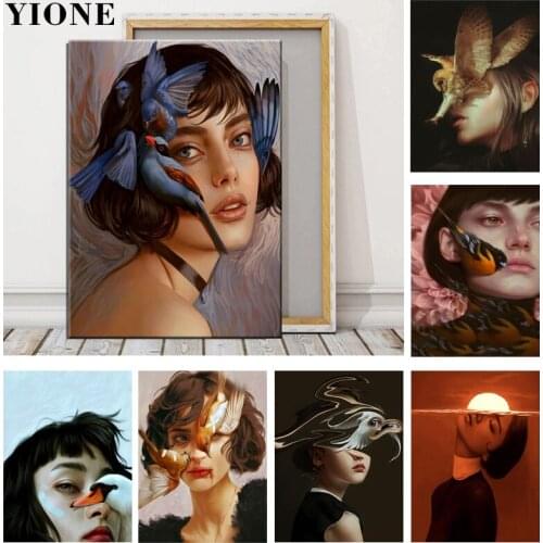 Surrealism Woman Art Posters and Prints Abstract Retro Birds Girl Oil Painting on Canvas Wall Pictures Living Room Decoration