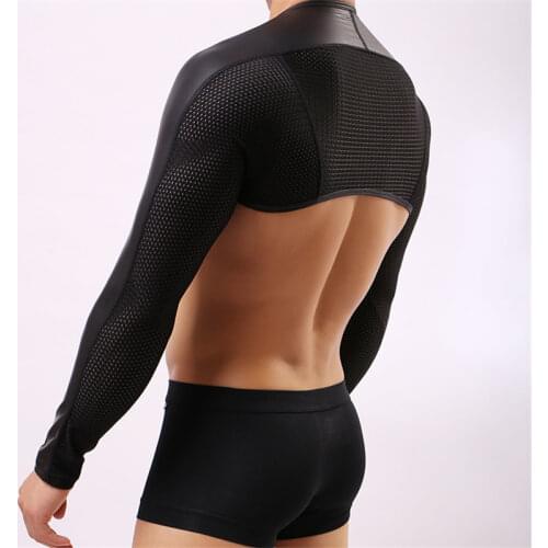 Fashion Design Top Quality Mens Sexy Bodysuit Black Long Sleeve Faux Leather Tops Lingerie Fishnet Breathable Body Suit