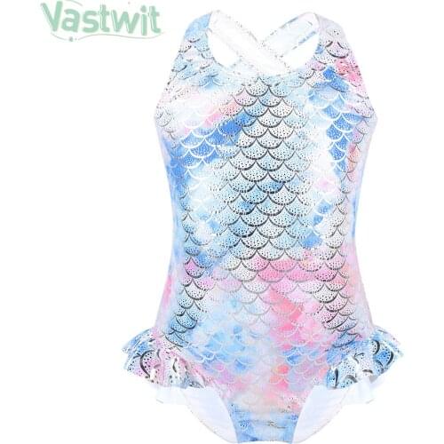 Toddler Kid Girls Sleeveless Sparkly Mermaid Fish Scales Printed UV UPF 50+ One-Piece Swimsuits Beachwear Swimming Suit Swimwear