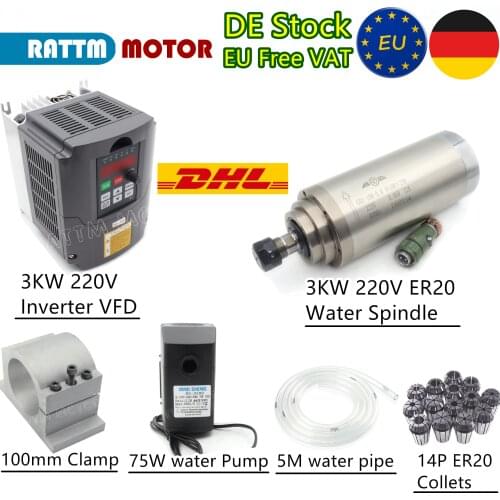 【EU Free Delivery】CNC 3KW Water Cooled ER20 Spindle Motor 220V & HY Inverter VFD 4HP & 100mm Bracket & 75W Water Pump & Collets
