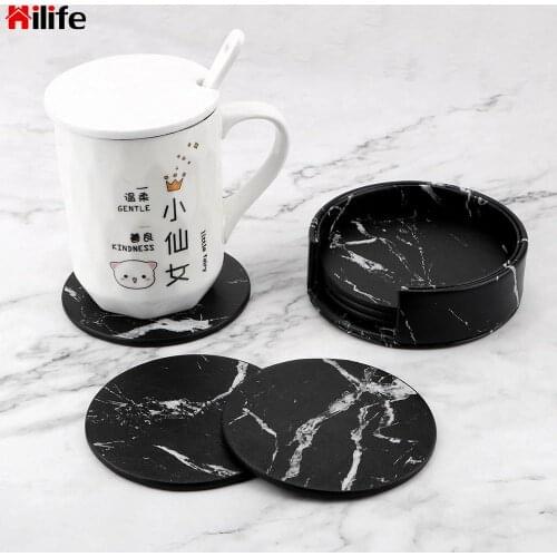 HILIFE 6PCS Marble Coaster Drink Coffee Cup Mat PU Leather Anti-Slip Heat Insulated Table Placemats Tea Pad Placemats Creative