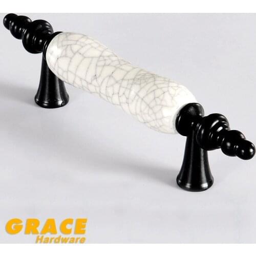 Ceramic Handle Black Rural Crack Antique Drawer Cabinet Door Knobs Handle Furniture (C.C:76mm,L:125mm)