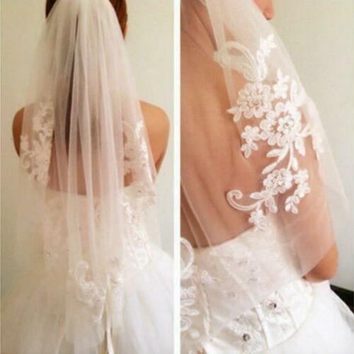 Lace Tulle Wedding Veil Rhinestone Bridal Veil Ivory White 1Tier Short Veil+Comb