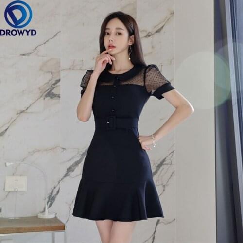 Summer Korea Fashion Elegant Ruffles Mermaid Dress Women Black Sexy Mesh Office Dress Female Casual Party Mini Dresses Vestidos