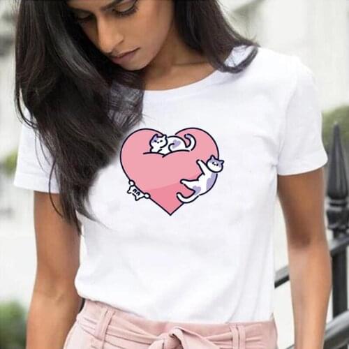 Fashion Heart Cute Cats Pet Lover Print Tee Shirt Femme Summer Cotton T Shirt Women Tops Casual Harajuku Shirt Camiseta Mujer