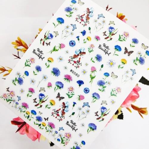 Blue Flowers Nail Sticker Art Slider Foil Design Chrysanthemum Butterfly Nails Decoraciones Self Adhesive Manicure Accesorios