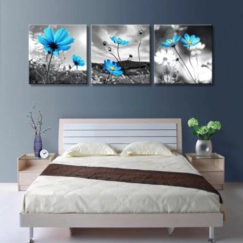 3 Piece Wall Art Black and White Posters Blue Flowers Landscape Paintings Modern Painting on Canvas Print Wall Decor Poster