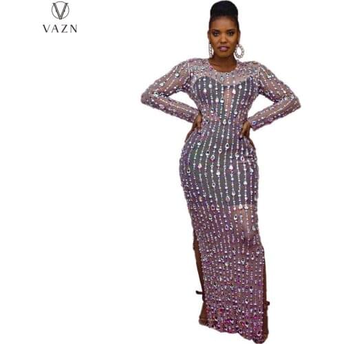 VAZN 2021 New Fashion Women High Street Style Long Dress Long Sleeve Round Neck Appliques Open Fork Floor Length Dress