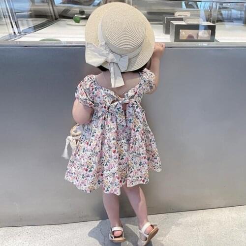 Toddler Clothes Girls Floral Print Summer Short Sleeve Princess Dress Korean Kids Fashion Back Bow A-line Dress Costume 2-7Yrs