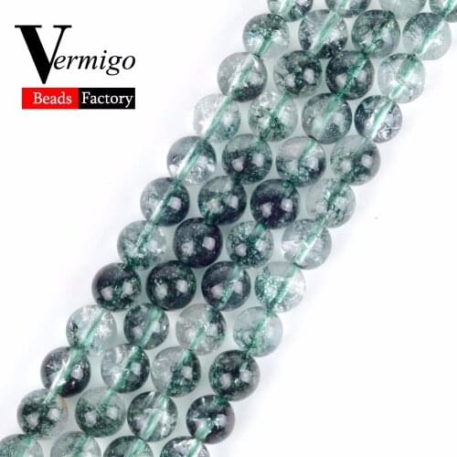 Wholesale Green Cracked Crystal Phantom Ghost Round Beads Natural Stone Beads For Jewelry Making Diy Bracelet Accessories15"
