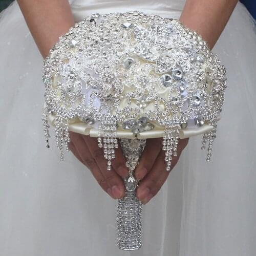 Luxury Handmade Diameter 18CM Wedding Bouquet Silver Plated Crystal Rhinestone Brooches Jewelry Bridal Wedding Hand Flower