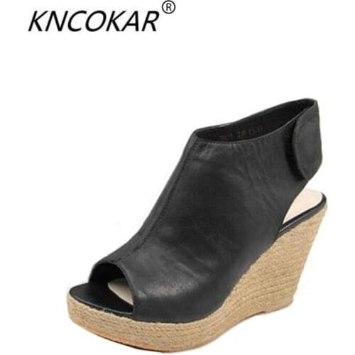 2018 KNCOKAR The new style of wedge heel shoe is a stylish hemp rope woven fish-mouth sandals size 35-43