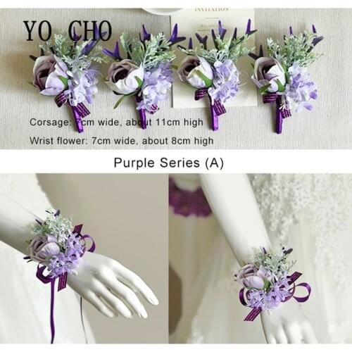 YO CHO Noble Purple Rose Wedding Flower Artificial Wrist Corsage Flower Marriage Rose Hand Boutonniere Flower Bestman Girl Decor
