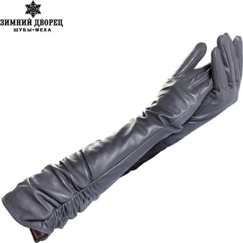 Womens winter gloves,Genuine Leather,Cotton,Adult,Grey,Spandex,Length 45-48CM, leather gloves,Free shipping