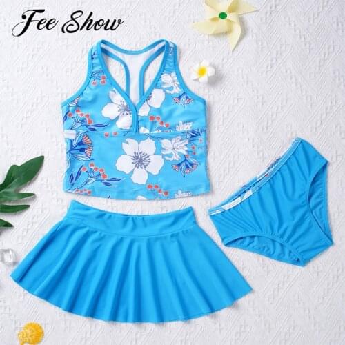 3PCS Kids Girls Tankini Swimming Suit Brazilian Swimsuit Summer Swimwear Bathing Suit Quick Dry Swim Top with Bottoms Skirts Set