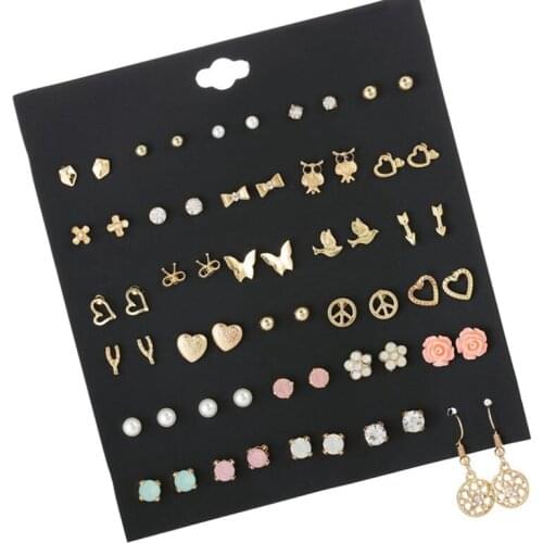 30 Pairs/set Vintage Silver Metal Alloy Small Earrings For Women Girl Kids Jewelry Trendy Animal Bird Owl Stud Earrings Set Mix