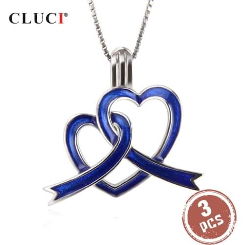 CLUCI 3pcs 925 Sterling Silver Pendant Jewelry for Autism Awareness Silver 925 Blue Double Heart Pearl Locket Pendant SC275SB