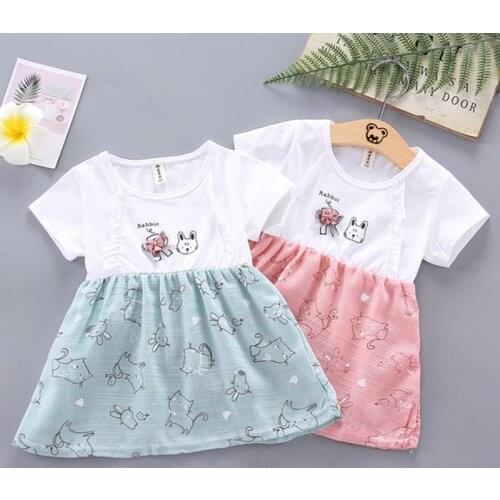 Baby Girl Cartoon Round Neck Dress Summer New Style Short Sleeve Casual Cute Animal Pattern Princess Skirt Kid Infant Clothing
