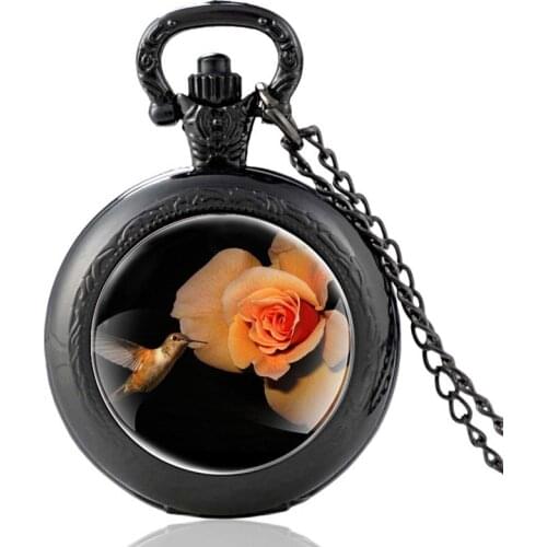 Classic Hummingbird Flower Pattern Vintage Quartz Pocket Watch Men Women Glass Dome Charm Pendant Necklace Hours Clock Gifts