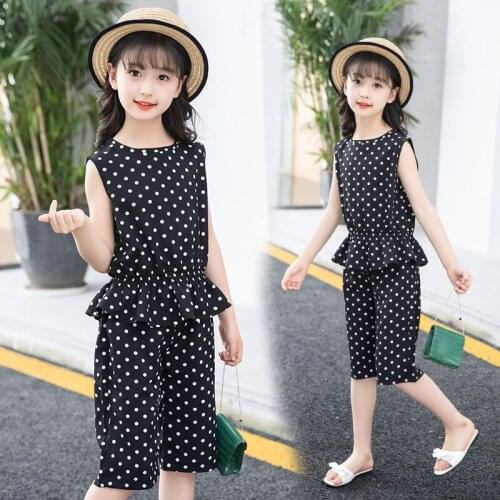 Girls Clothing Sets Beach Style Teenage Kids Clothes Suit Black Dot Chiffon Tops + Pants 4-14 Years 2pc Children Clothing Set